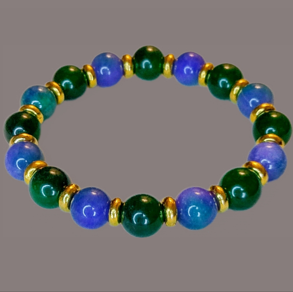 Blue and Purple Azurite Crysocolla and Emerald Green Beaded Stretch Bracelet